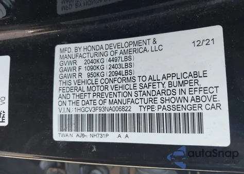 2022 Honda Accord Hybrid Touring from USA, damaged, VIN 1HGCV3F93NA006822